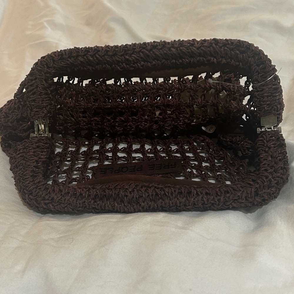 Free People Chocolate Brown Woven Raffia Frame Pouch Clutch Bag NEW Boho Resort
